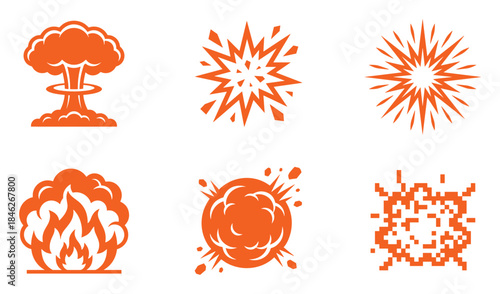 Orange Explosion Icons Set; Cartoon, Fire, and Pixel Style on White Background.