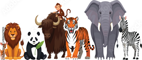 Large vector collection of detailed wild Asian and African animals standing together, including a lion, panda, yak, tiger, elephant, zebra, and small fawn, suitable for nature and zoo themes.