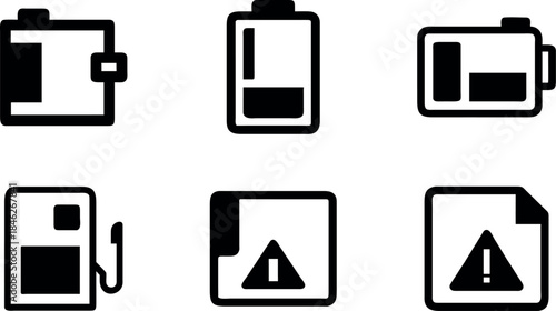 Illustrations of various battery levels and warning signs in a simple style