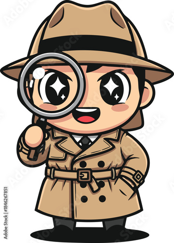 Cute cartoon detective character with magnifying glass