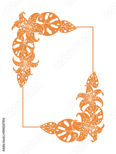 Orange Floral Frame with Lilies and Monstera Leaves Illustration