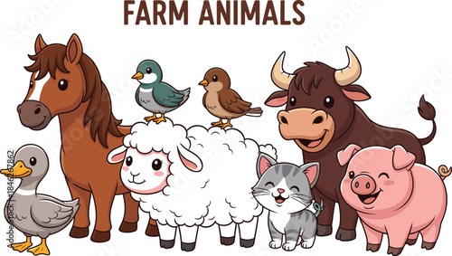 Adorable vector set of cartoon farm animals standing together, including a horse, sheep, duck, pig, bull, cat, and two small birds, perfect for children's learning and agricultural themes.
