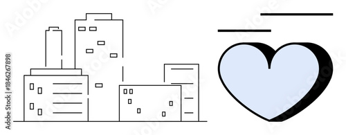 Urban life, community care, wellness, architectural concepts, city planning, love for cities. Minimalist buildings alongside a heart symbol. Urban life and community care ideas