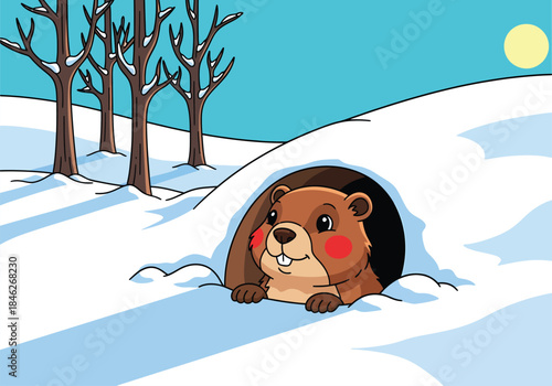 A cute cartoon groundhog peeking out of its snowy burrow on a bright winter day with bare trees and a yellow sun.