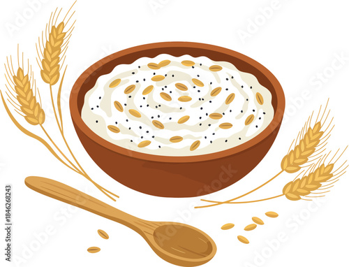 A rustic brown bowl filled with creamy white cereal or yogurt, garnished with wheat grains and poppy seeds, accompanied by wheat stalks and a wooden spoon.