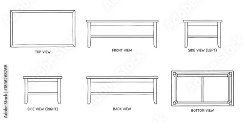 Orthographic Projection of a Coffee Table with Various Views for Technical Drawing