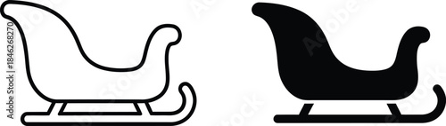 Simple black and white vector icons of a traditional sleigh, one in outline and one filled, representing winter holidays and Christmas.