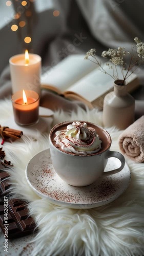 a cup of hot chocolate with whipped cream and a dusting of cocoa, a candle, and a small vase with dried flowers.