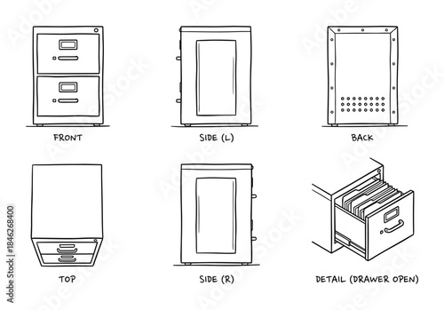 Orthographic Projection of File Cabinet with Open Drawer Detail