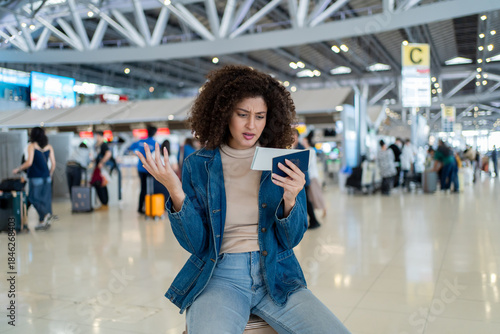 фотографія Latina traveler holding passport and boarding pass in airport terminal
