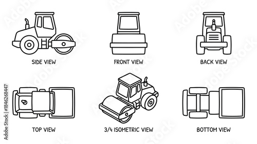 Outline Drawing of Road Roller in Side, Front, Back, Top, Isometric, Bottom Views