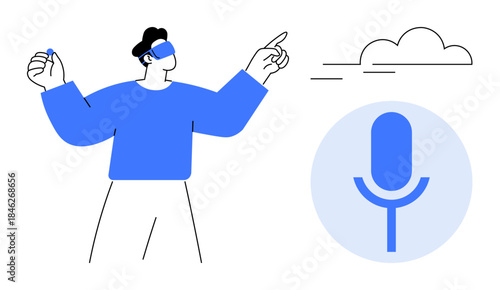 Voice recognition, virtual assistants, digital interactions, AI tools, smart devices, cloud-based services. Person gesturing near a microphone icon and cloud. Voice recognition and virtual assistants
