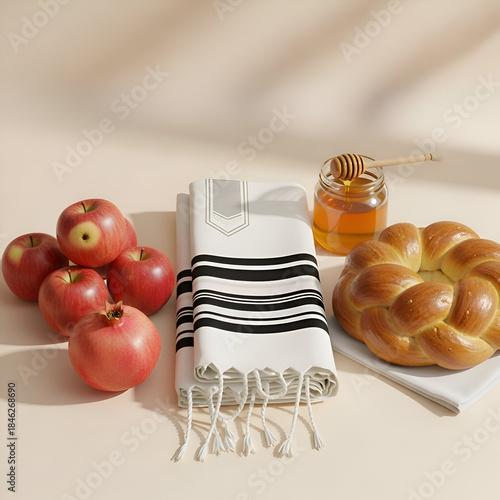  croissant with honey and applesand scarf  on light pink background