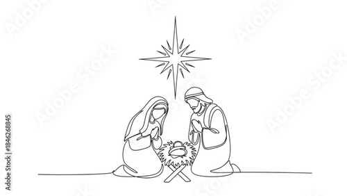 A Nativity Story: Depicting a significant moment of reverence, this line art piece captures the essence of the holy family gathered around the manger, illuminated by a guiding star.