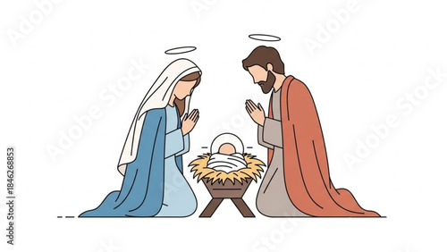 Sacred Nativity: A tender portrayal of the Holy Family, with Mary and Joseph kneeling in reverence around the newborn infant, evoking a sense of wonder and faith.