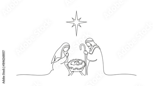 A Holy Night: An elegant illustration depicts the nativity scene, capturing the essence of the holy family with simplicity and reverence. The scene is illuminated by the radiant star. 