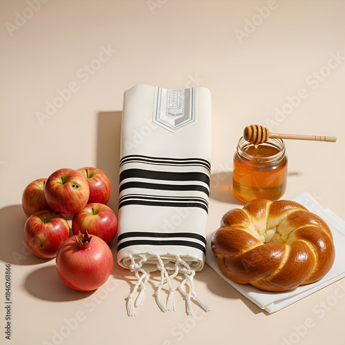  croissant with honey and applesand scarf  on light pink background