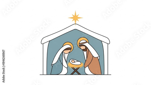 Holy Nativity: a sacred representation of the Nativity scene. This image shows the Holy Family gathered in a stable, with the newborn baby Jesus at the center, representing the birth of Jesus Christ.