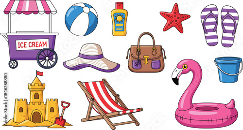 Large vector set of colorful summer vacation and beach elements, including a sandcastle, flamingo float, sun hat, deck chair, ice cream cart, flip-flops, beach ball, and sunscreen bottle.