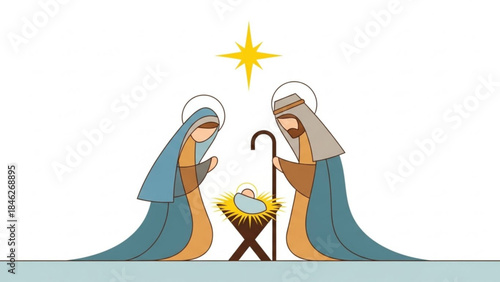 Nativity Scene: A depiction of the nativity scene, featuring the holy family and the star of Bethlehem, embodying the true spirit of Christmas, hope and new beginnings.