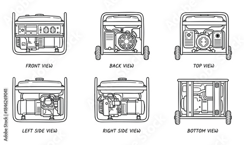Portable Generator Technical Drawing Six Different Views Outline