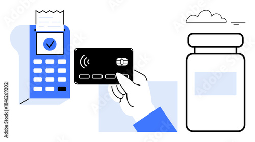 Contactless payment. A contactless card, payment terminal, and packaging modern payment solutions. Contactless payment ensures efficiency in retail, e-commerce, and financial apps. For fintech