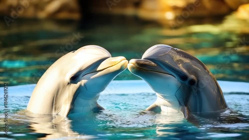 Two dolphins touch noses in the water, serene scene with reflections and a golden backdrop