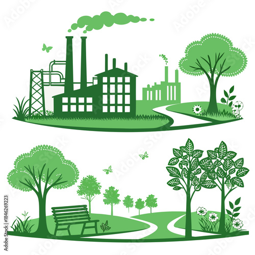 Factory transforming into green park with trees and pathway