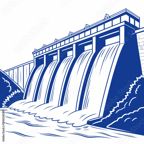 Hydroelectric dam releasing blue and white stream water