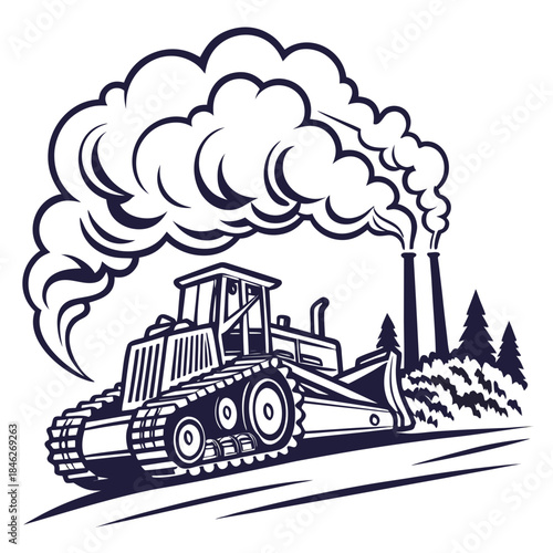 Bulldozer moving under smoky atmosphere with industrial plant