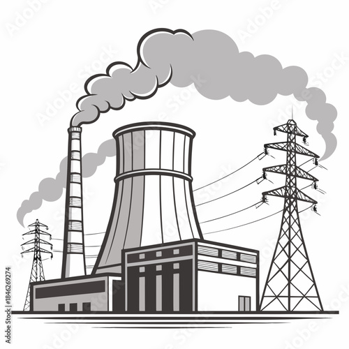 Coal power plant emitting smoke with grey haze and towers