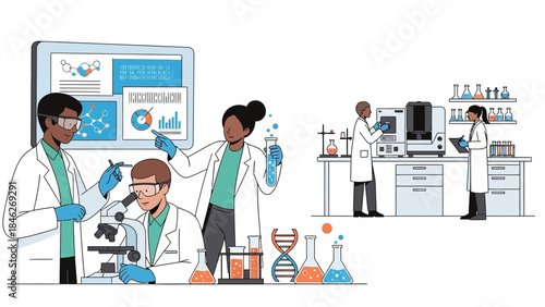 scientists conducting laboratory experiments with advanced scientific equipment and lab glassware