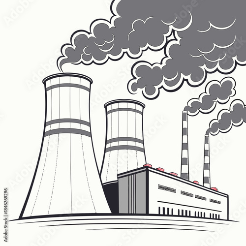 Coal power plant emitting smoke with grey haze industrial