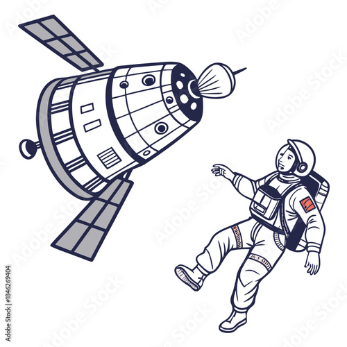 Astronaut floating near spacecraft exterior white