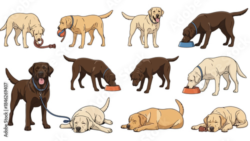 Cartoon illustration of various Labrador Retriever dogs in different poses.