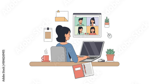 Virtual Meeting with Multiple Participants Using Laptop in a Modern Workspace