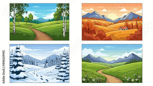 Four distinct seasons depicted in a beautiful landscape with rolling hills, winding paths, and varied vegetation.