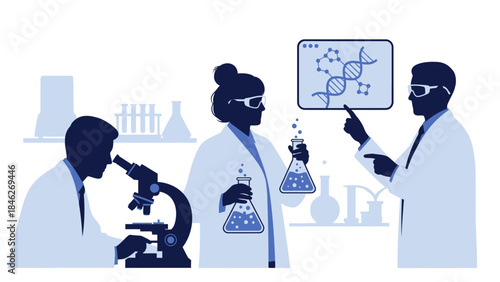 scientists conducting genetic research in a laboratory with advanced equipment and DNA analysis