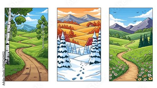 Three vertical panels depicting a winding dirt road through scenic landscapes representing spring, winter, and summer.