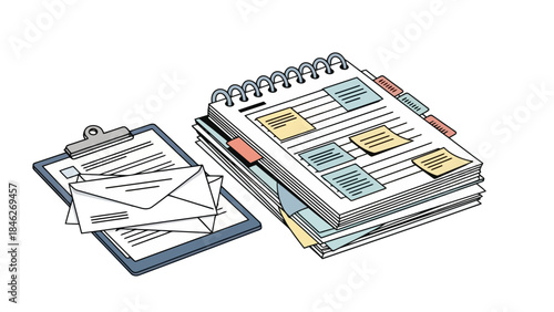 An illustration of a clipboard with documents and a spiral notebook with sticky notes.