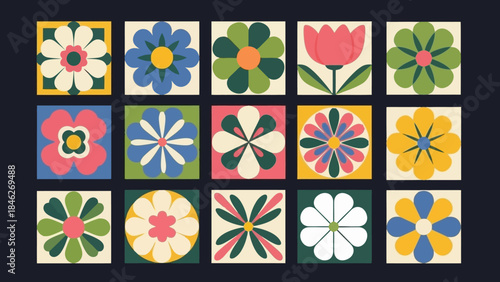 Colorful floral pattern design featuring various flower shapes and arrangements on square tiles.