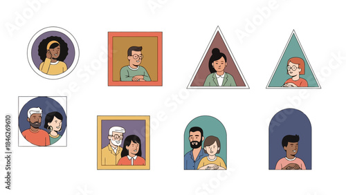 Collection of stylized portraits featuring diverse individuals and couples in various geometric frames.