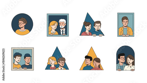 Collection of diverse stylized portraits of people in various geometric shapes and frames, depicting relationships and individuality.