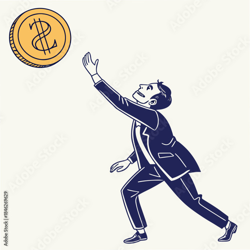 Businessman reaching toward floating coin with outstretched arm