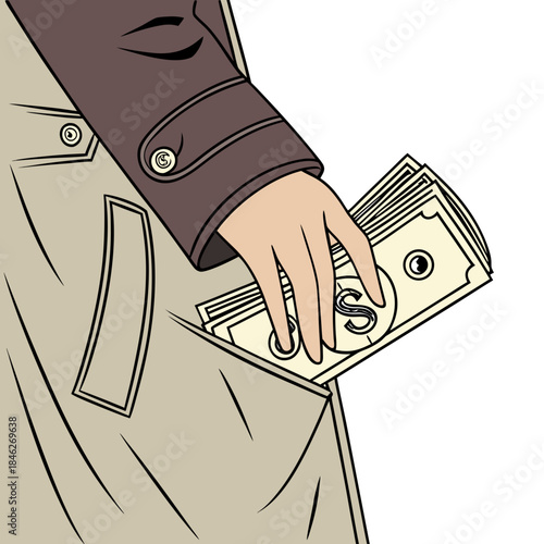 Hand slipping bundle of notes into coat pocket money