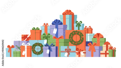 A colorful illustration of a large pile of wrapped gifts, perfect for celebrations.