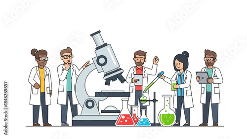 Scientists Conducting Laboratory Experiments with Microscope and Test Tubes in a Modern Scientific