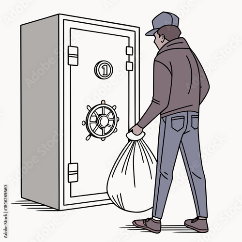 Man in gray outfit putting bag into large vault with ship wheel lock