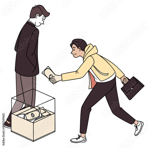 Man in yellow hoodie offering money to another man standing by a box of money