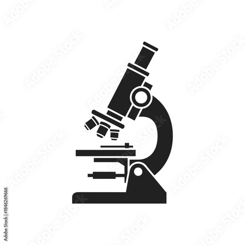 Simple black and white silhouette of a microscope used for scientific research and biology studies